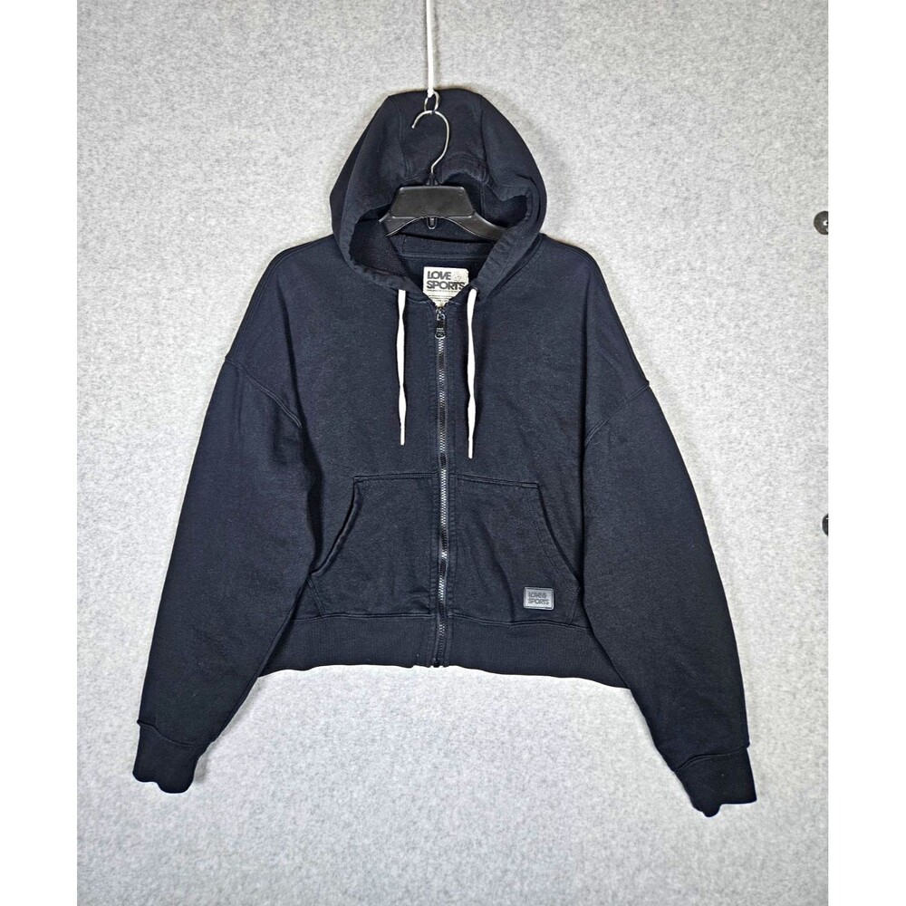 Love & Sports Womens L Black Full Zip Fleece Hoodie Pocket Y2k Logo Athleisure